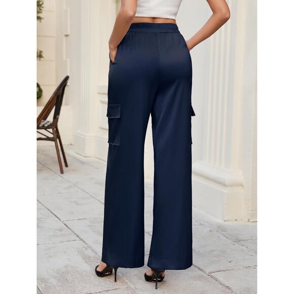 Stylish Navy Wide Leg Satin Pants for Women - Perfect for Day or Night - Picture 2 of 4